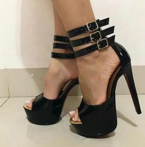 

Moraima Snc Black patent Leather High Heel Shoes Sexy Peep Toe Platform Sandal for Woman Summer Ankle Strap Gladiator Shoes