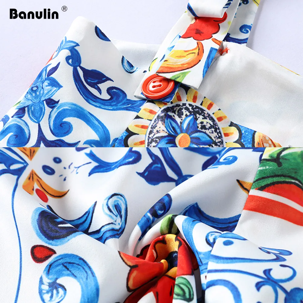 Banulin, новинка, модное подиумное летнее платье, женское, с бантом, на тонких бретелях, великолепное, с цветочным принтом, миди, хлопковое платье, vestidos