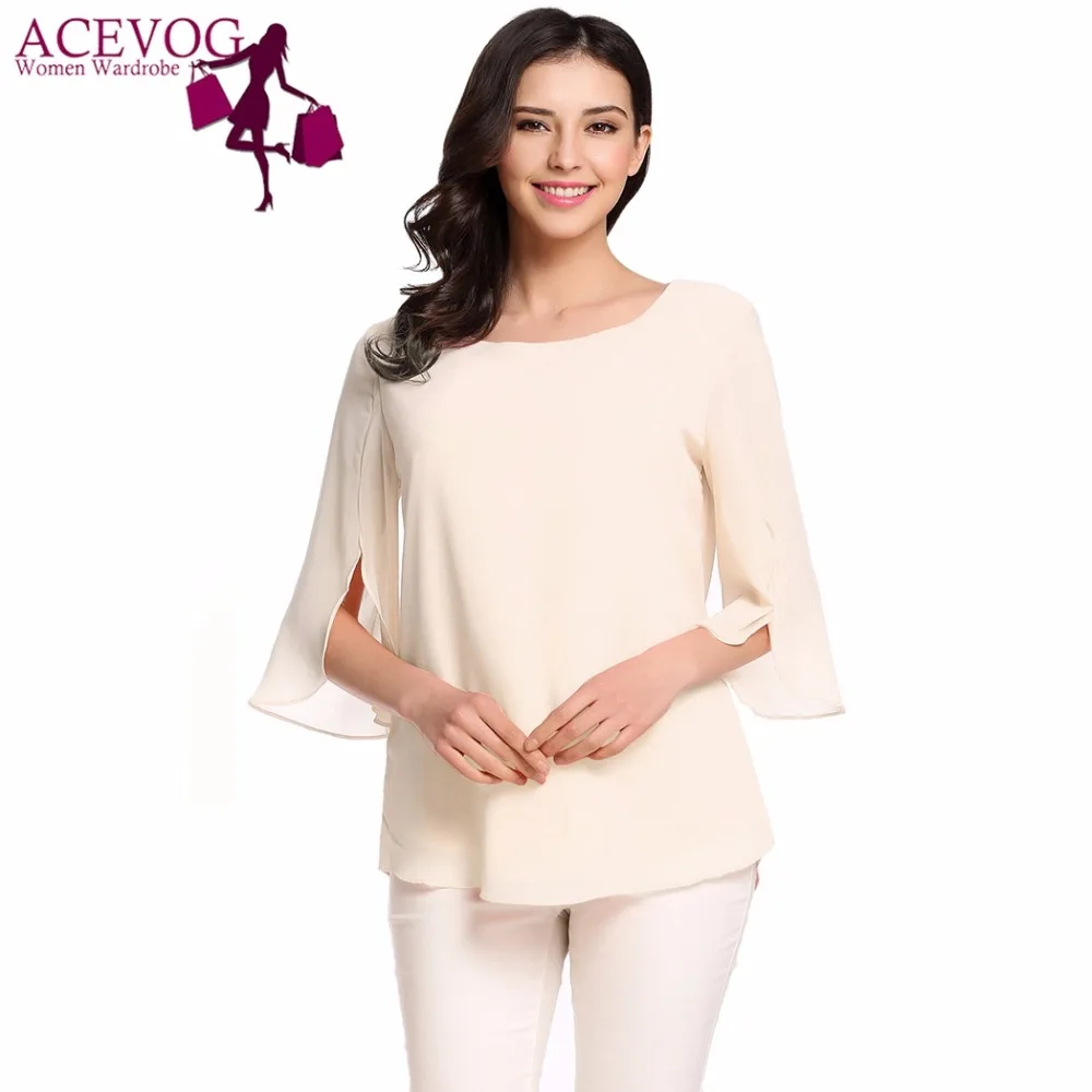 Женская блузка ACEVOG повседневная однотонная Свободная с круглым вырезом и - Фото №1