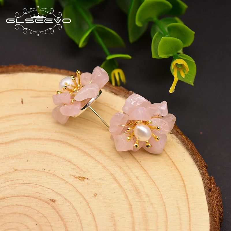GLSEEVO Natural Jade Pearl Stud Earrings For Women Mom Birthday Day Gift 925 Sterling Silver Flower Earring Fine Jewelry GE0780