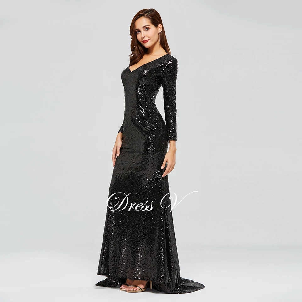 Dressv Черное вечернее платье с v-образным вырезом и длинными рукавами, с блестками, Русалка, длина до пола, свадебное вечернее платье, вечернее платье
