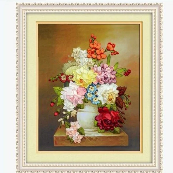 

70x80cm 3D Flowerpot inflorescence Ribbon embroidery kit stain painting set handcraft kit DIY handmade needlework art home decor