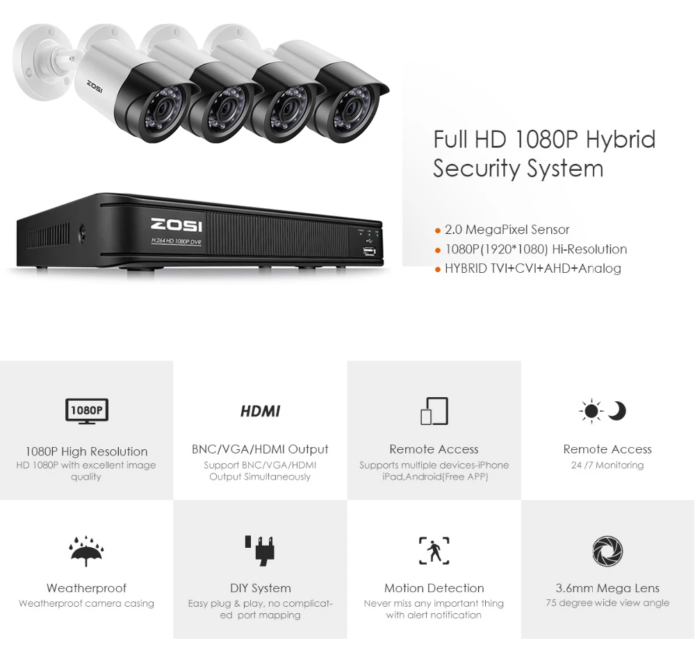 ZOSI HD 2MP система видеонаблюдения CCTV 8CH Full HD 1080P HD TVI AHD DVR комплект 1080P наружная камера безопасности цилиндрическая HDD диск