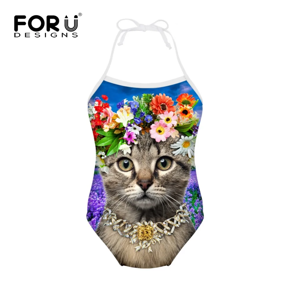 Купальник для девочек с цветочным рисунком и котом слитный купальник в полоску