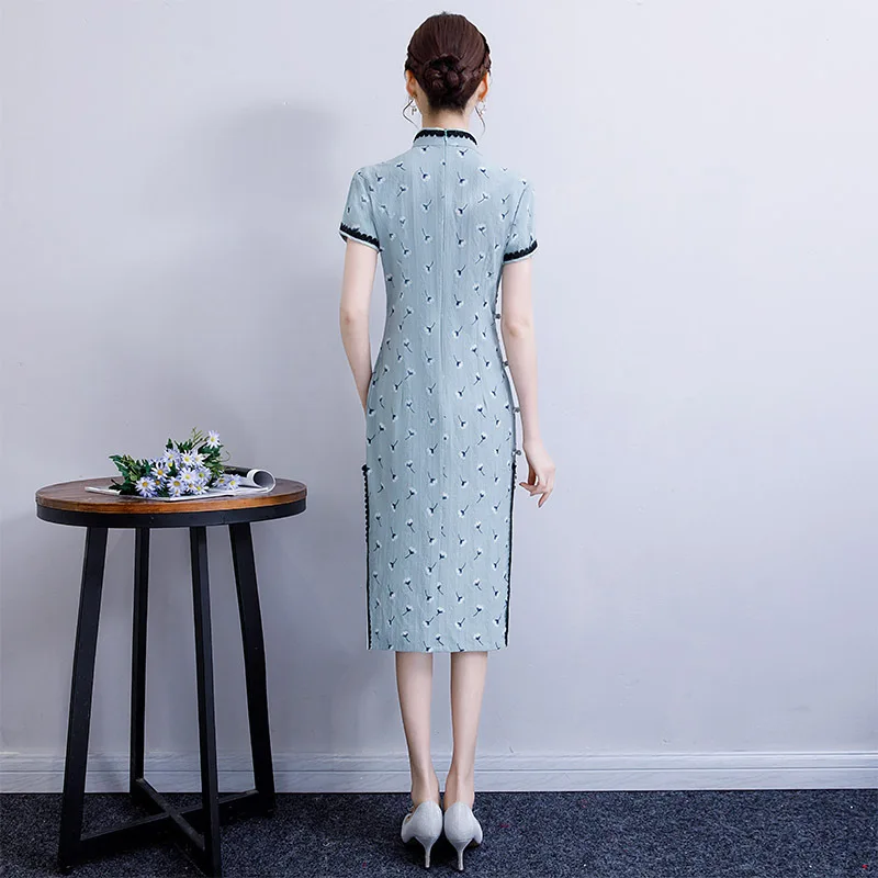 

2019 Womens Summer short Cheongsam Fashion Chinese style Dress Knee Length Qipao Slim Party Dresses Lady Vestido S-3XL