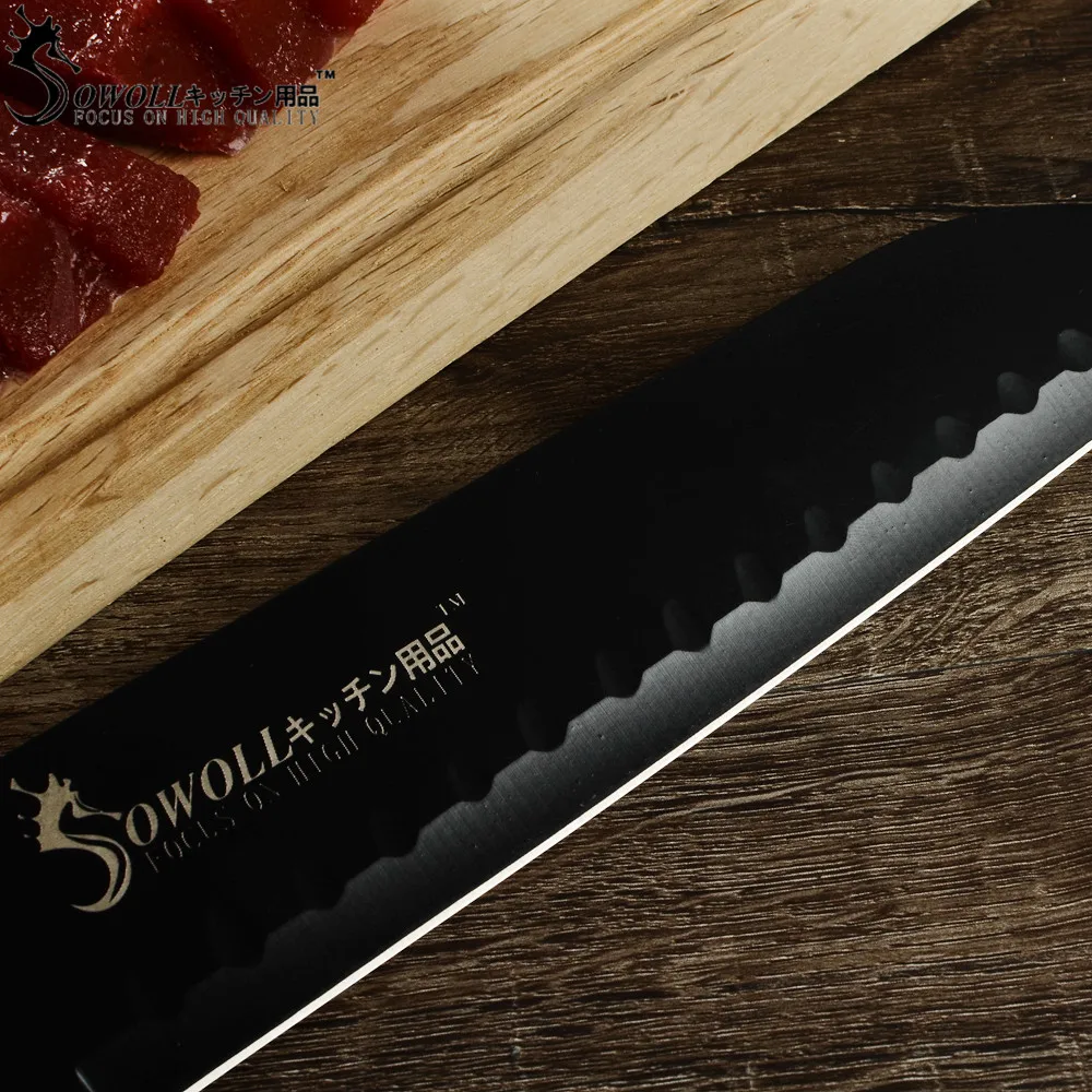 Sowoll 7 дюймов Нержавеющая сталь Santoku Ножи японский Стиль острое лезвие черный