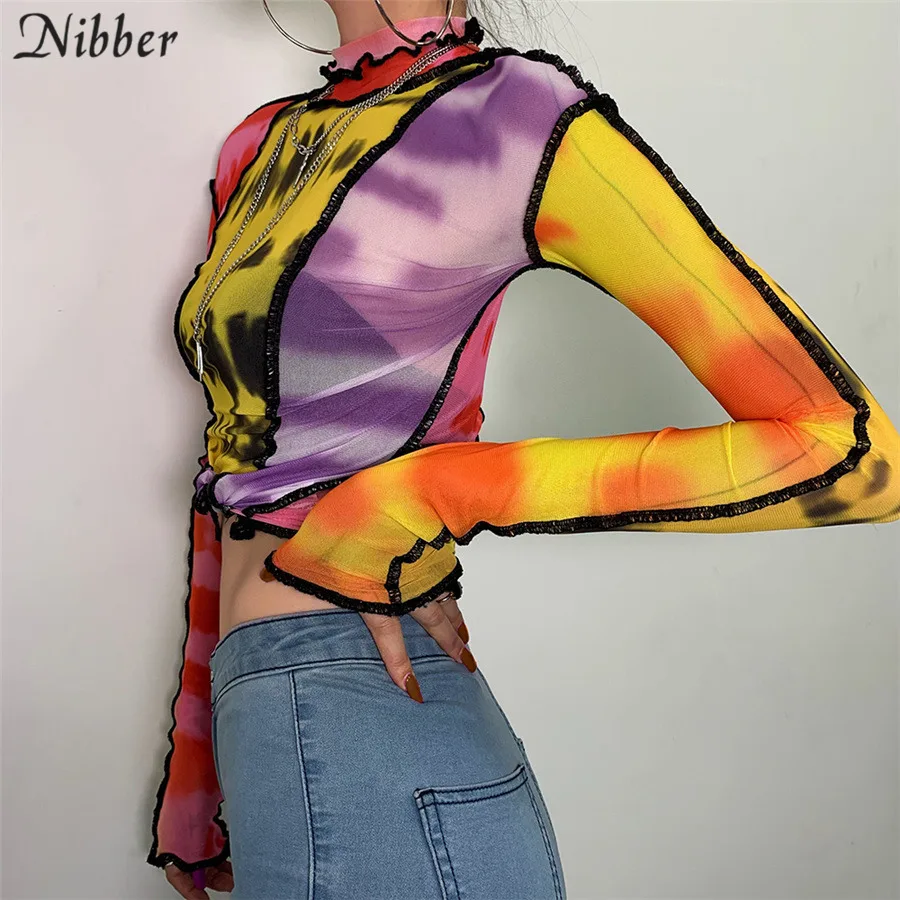 Nibber/модные сетчатые топы с разноцветным принтом и рюшами; Женские базовые T-shirts2019autumn; горячая распродажа; тонкие уличные повседневные футболки; mujer