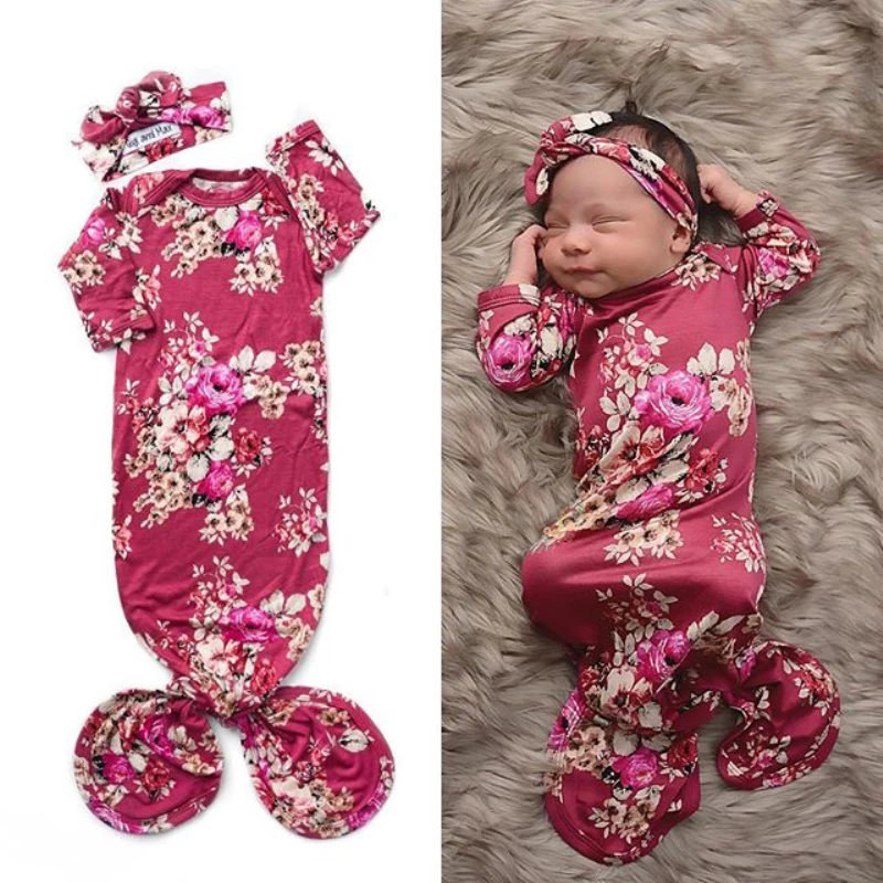 Cute Newborn Baby Girl Floral Sleeping Bag Sleep Sack Wrap Swaddle+Headband Set | Footies