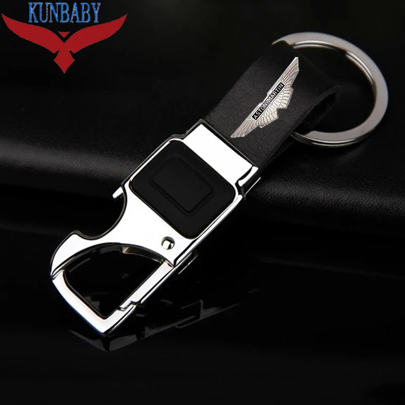 KUNBABY высокое качество металлический Кожаный Автомобильный Брелок кольцо держатель с светодиодная бутылка многофункциональная открывалка инструмент для Aston Martin - Название цвета: Black
