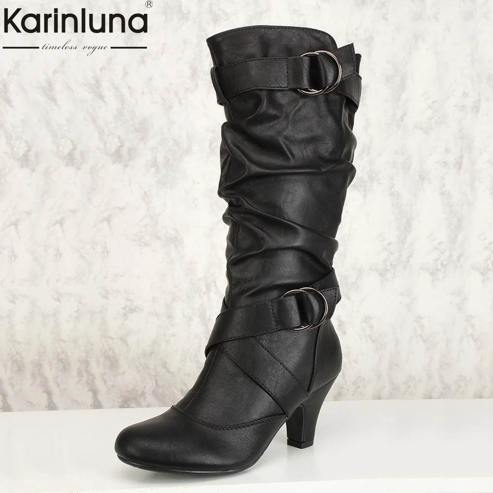 Karinluna/ г. Большой размер 34-43, Прямая поставка, модные ботинки до середины икры без шнуровки женская обувь осенне-зимние женские ботинки на высоком каблуке