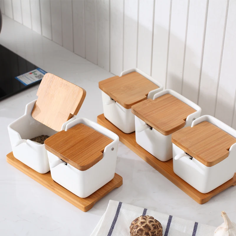 Nordic Style Ceramic Spice Tanks with Wood Bridge Shape Shelf Spoon Kit for Kitchen Accessories Tool Paprika Oil Salt Jar Gifts | Дом и сад