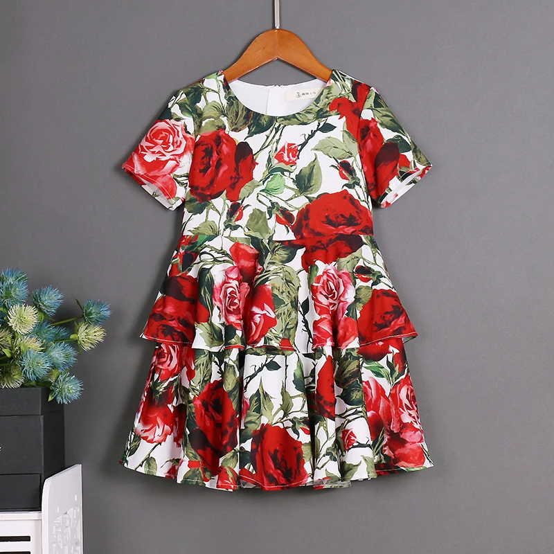 

children clothes women girl summer big pleated skirt family look mother daughter dresses Rose Short Sleeve sister matching dress