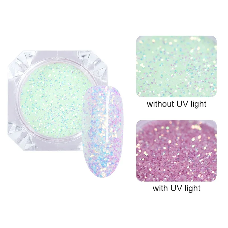 1 коробка светящаяся пудра для ногтей блестящая пыль изменение цвета УФ-свет