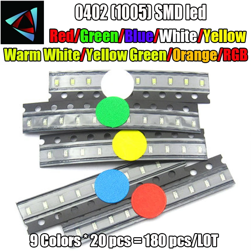 9 значений X20 шт = 180 шт(180 шт./лот) 0402 SMD СВЕТОДИОДНЫЙ Набор красный желтый синий Изумрудный зеленый оранжевый белый желтый зеленый теплый белый RGB