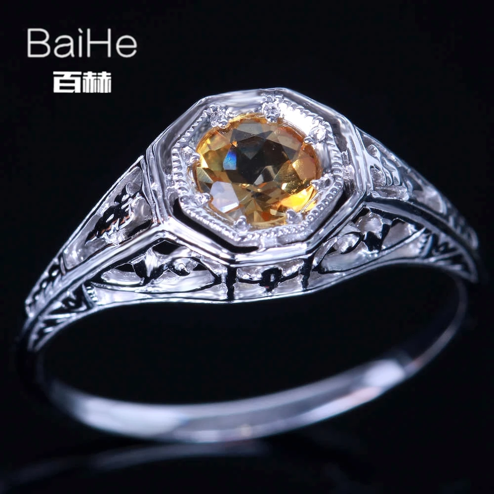 BAIHE Стерлинговое Серебро 925 0.92ct Сертифицированный желтый безупречный круглый настоящий Цитрин обручальное женское старинные ювелирные украшения кольцо