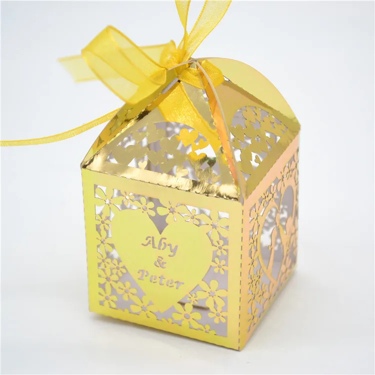 metallic gold Gold metallic paper laser cut personalized wedding sweets box - Цвет: metallic gold