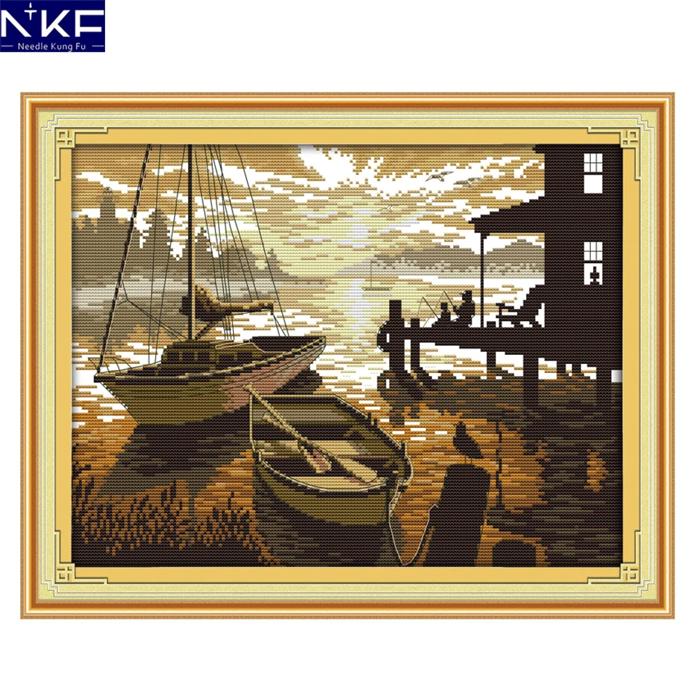 

NKF The Sunset Scenery Chinese Cross Stitch Pattern DIY Needlework Embroidery Scenery Cross Stitch for Home Decor