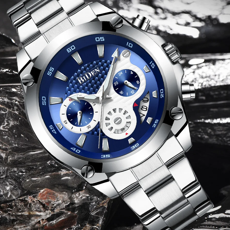 BIDEN мужские часы Аналоговые кварцевые наручные водонепроницаемые Хронограф Авто