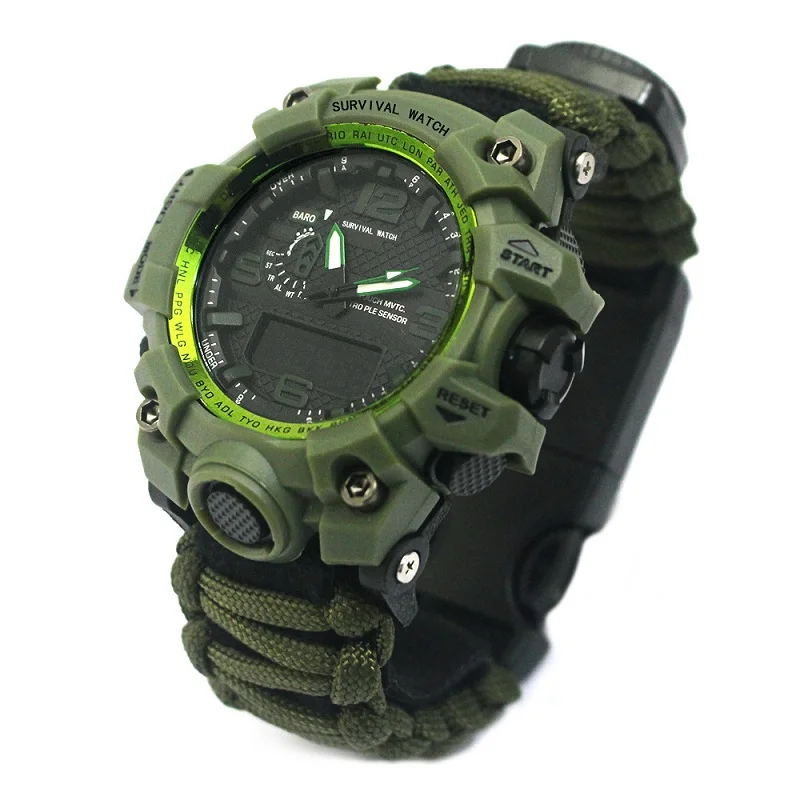 Army Green EDC часы для выживания на открытом воздухе кемпинг многофункциональные часы компас термометр спасательная веревка Паракорд Браслет Оборудование Набор инструментов - Цвет: Army Green