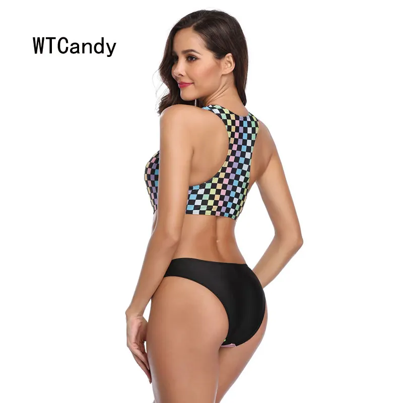 WTCandy Радужный клетчатый цельный купальник женский монокини с вырезом розовый и