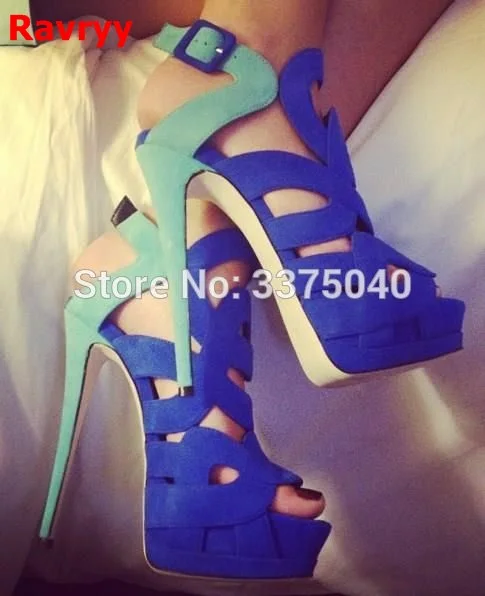 

Blue thin high heels platform women sexy sandals pumps peep toe buckle zapatos mujer ladies cut out shoes