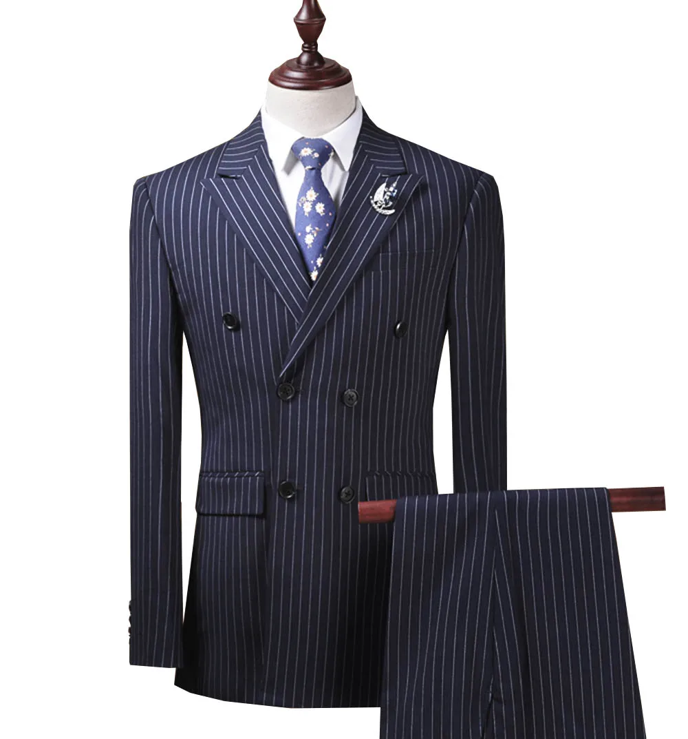 Navy Blue Новинка, приталенный мужской костюм, комплект из 3 предметов, двубортный Свадебный костюм Groomman в тонкую полоску, смокинг с отворотом, блейзер+ жилет+ брюки - Цвет: Navy Blue