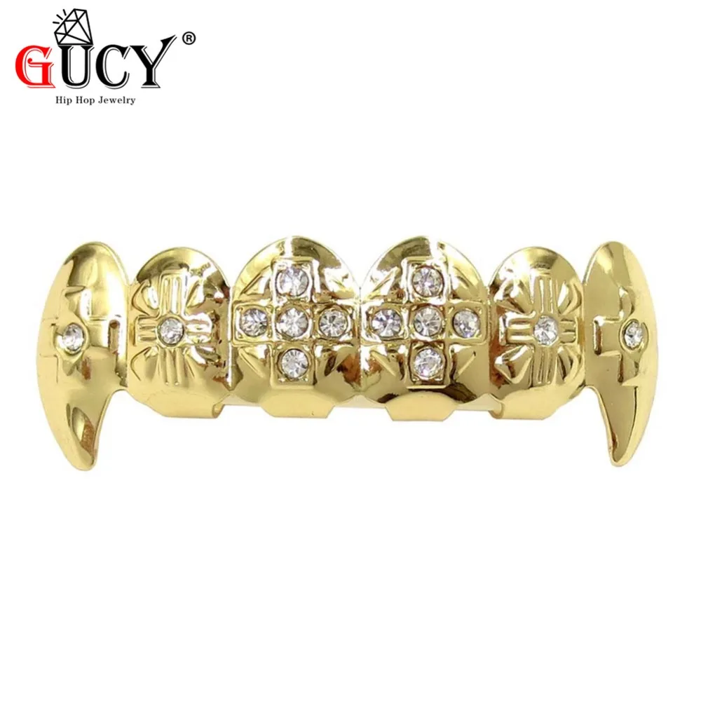 GUCY золото Цвет покрытием льдом CZ зубы GRILLZ шапки крест верхней и нижней зуб шапки хип-хоп Bling грили комплект Рождественский подарок