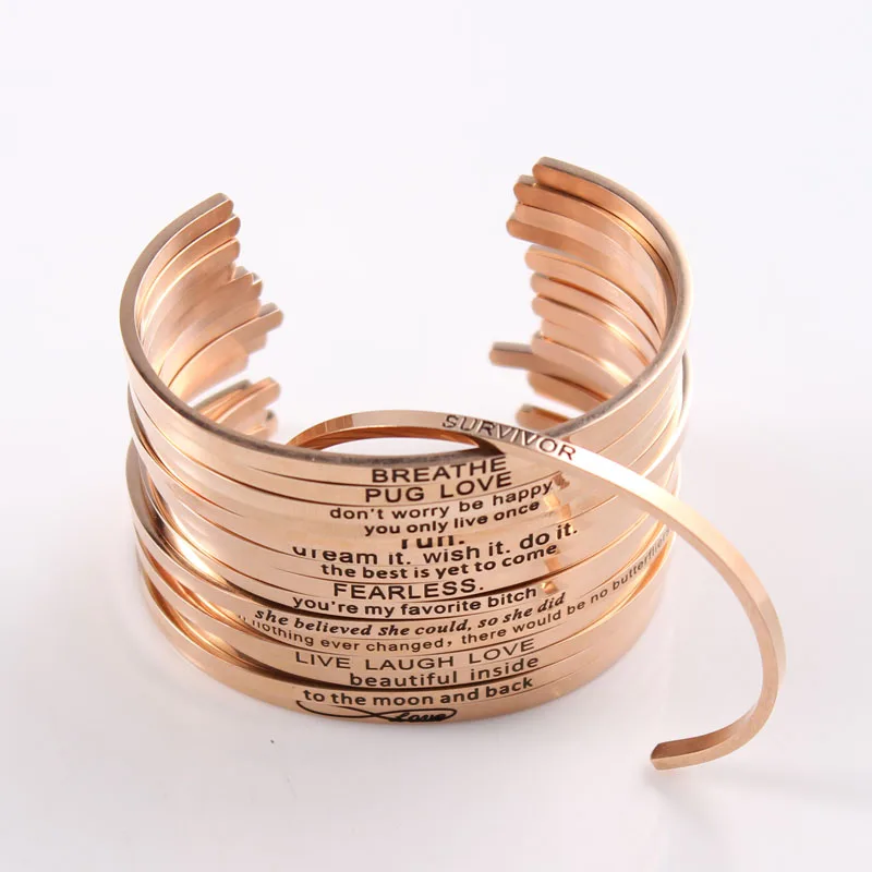 

2017 Stainless Steel Engraved Positive Inspirational Quote Cuff Mantra Bracelet Bangle For Women 10pcs/lot