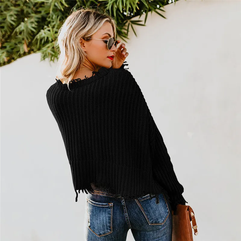 

2020 New Arrival Off Shoulder Irregular Tassel Solid Sweater V-Neck Designer Sweater for Women