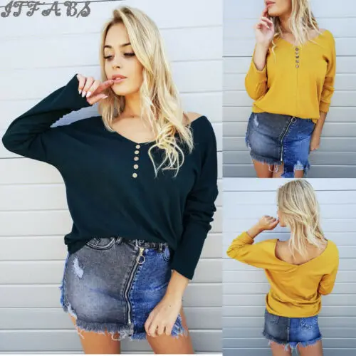 2019 Женский Повседневный однотонный пуловер с длинными рукавами и пуговицами