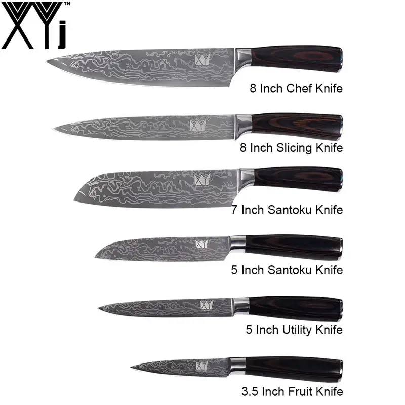 A. (6 Pcs Set) XYj набор кухонных ножей для приготовления пищи с цветной деревянной ручкой 7cr17, ножи из нержавеющей стали с узором Damasucs, кухонные принадлежности, инструменты - Цвет: A. (6 Pcs Set)