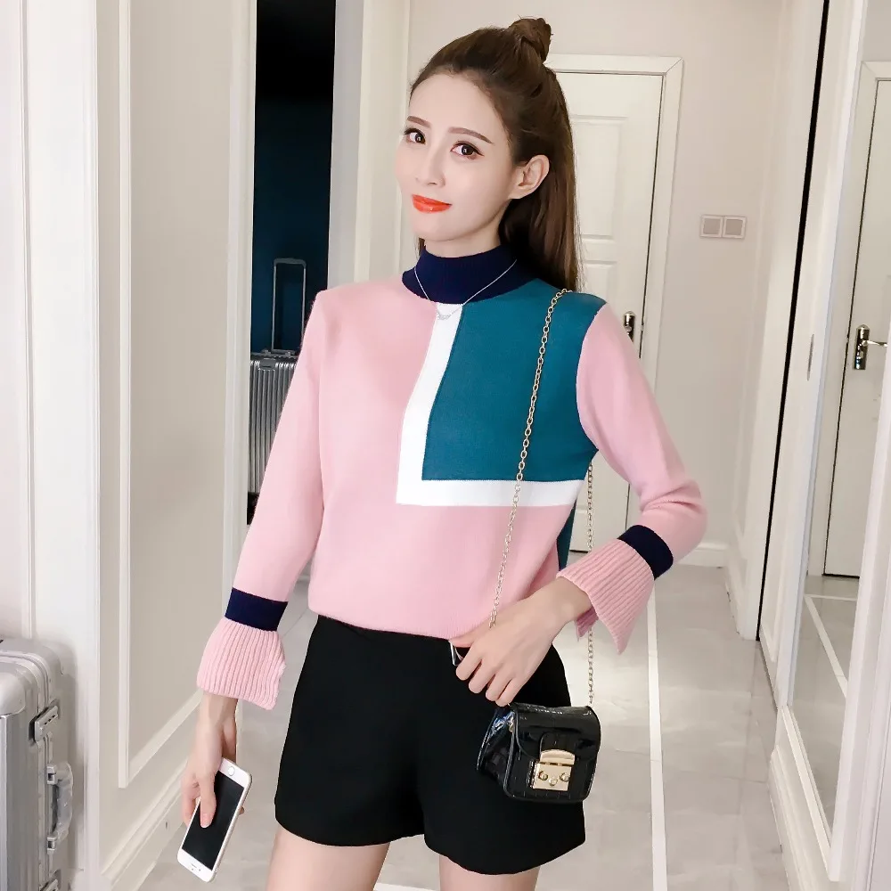 Women Knitted Sweater 2018 Spring Autumn New Turtleneck Fashion Tops Blouse Slim Flare Sleeves Solid Pullovers Sweaters C87741L | Женская