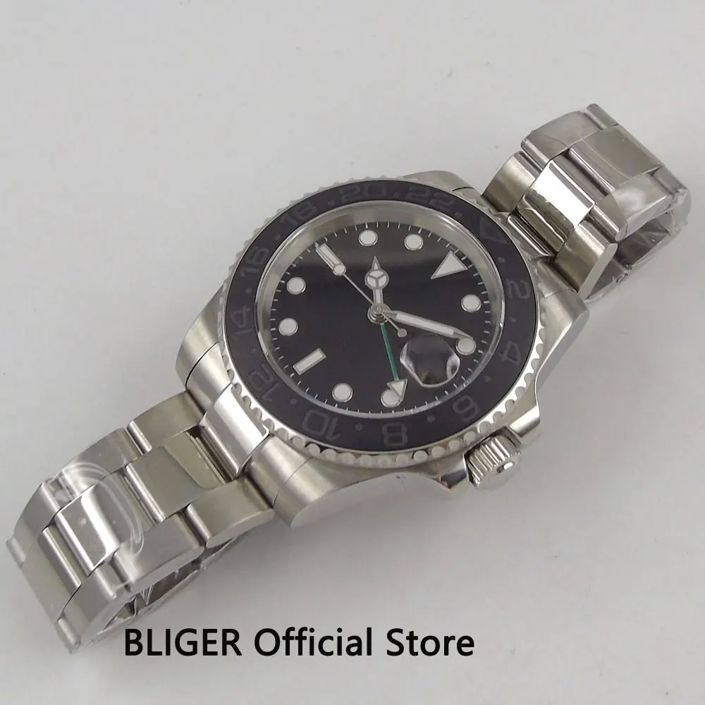 Однотонные мужские часы 40 мм с черным стерильным циферблатом светящиеся следы