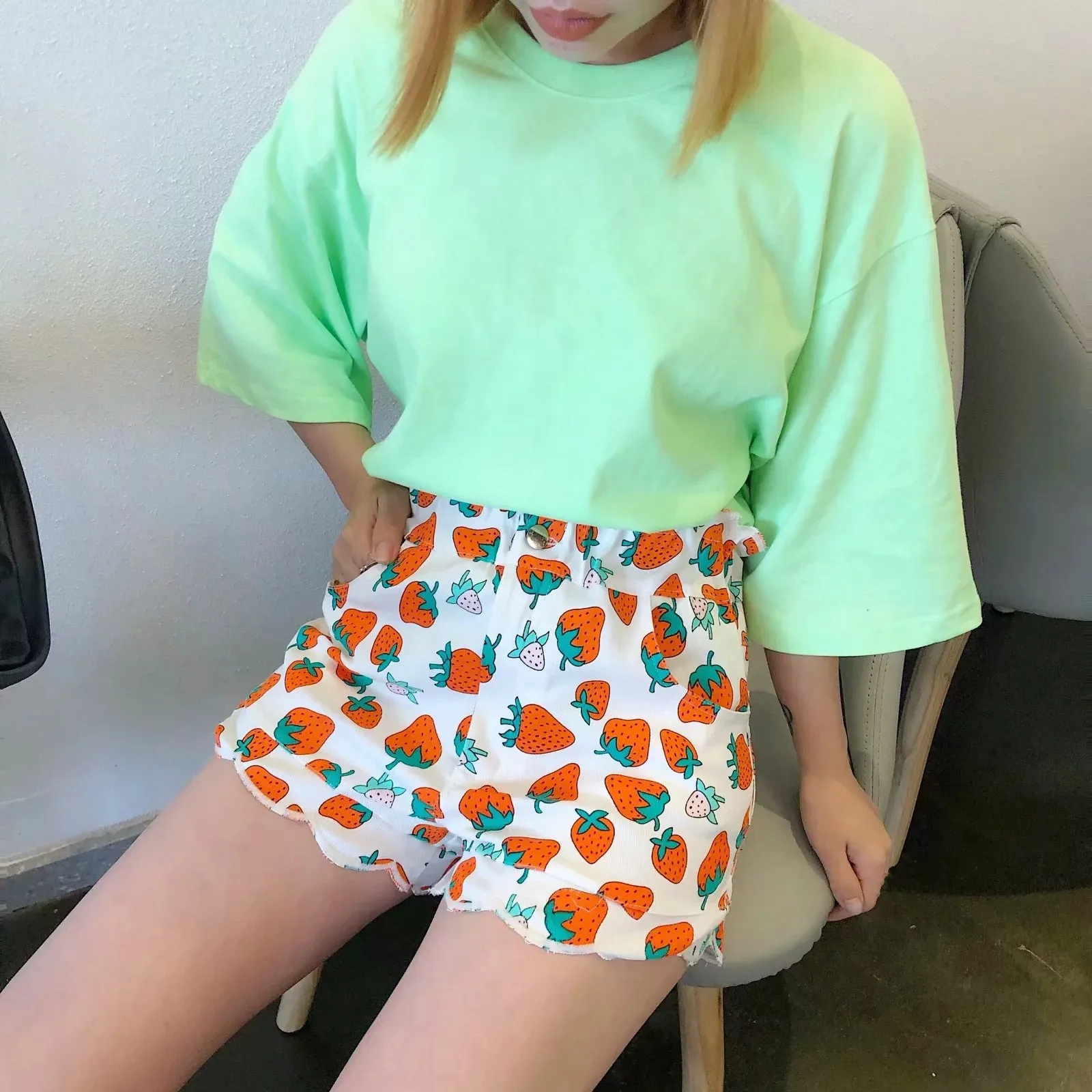 Женские джинсовые шорты с принтом клубники летние высокой талией 2019|Женские