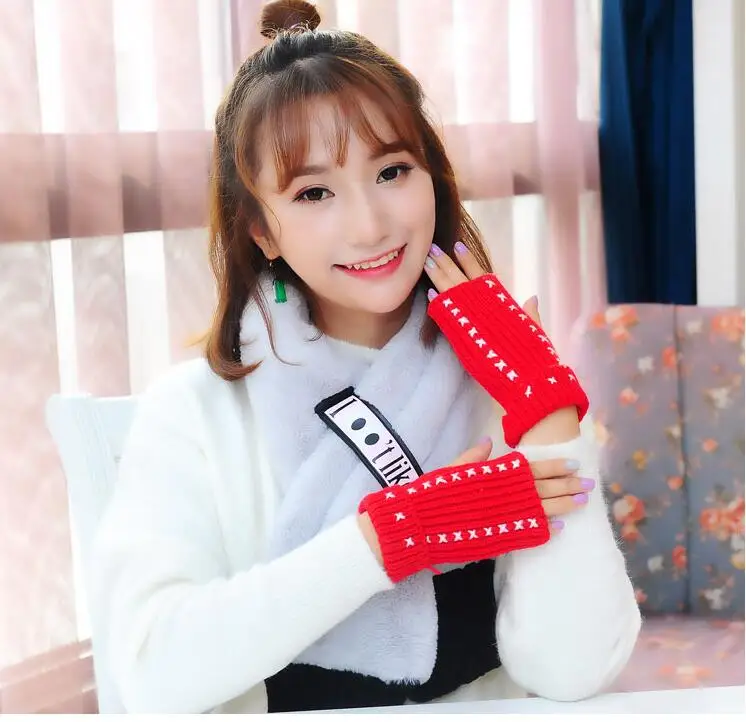 Осенние и зимние женские утепленные вязаные перчатки без пальцев для вождения