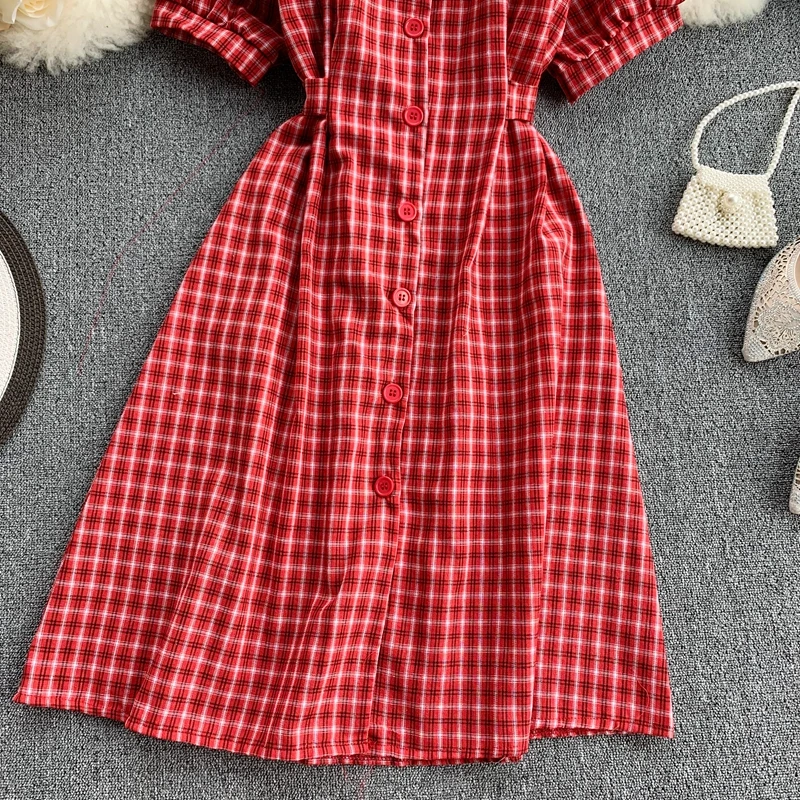 Vintage 2021 Button Slim V Neck Plaid Print Short Dress Summer Party Tie Jurkjes Women Dresses Casual A-Line Vestido de festa | Женская