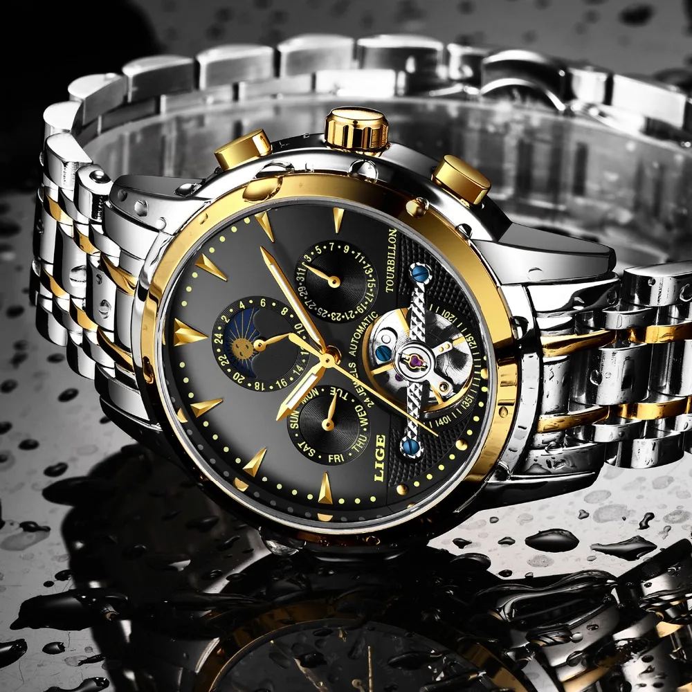 Топ люксовый бренд LIGE Мужские механические Tourbillon стальные часы Moon