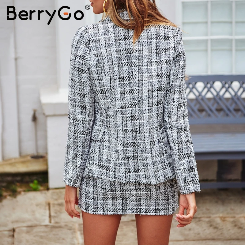 BerryGo Vintage женские плед пиджак пуговицы твидовый с двойной грудью офисные зимняя