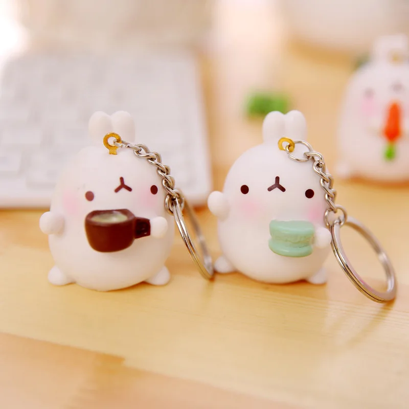 1 шт. милый Molang фигурка кролик брелок кофе/Торт/макароны/морковка/клубника/бисмилый кролик брелок для ключей забавная игрушка кролик