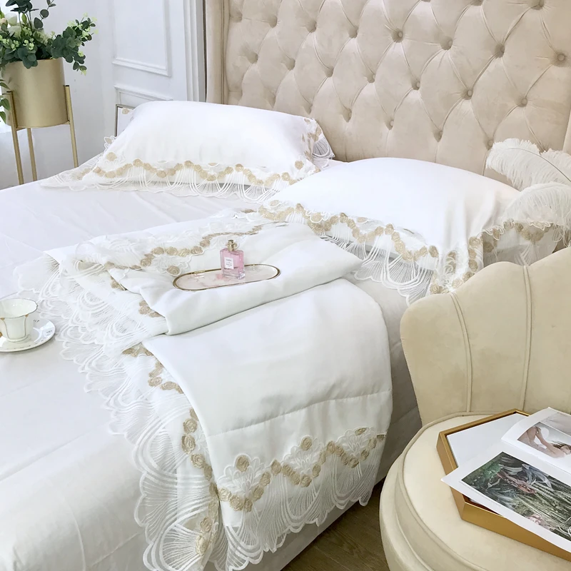 Роскошное Европейское Белое кружево 3 шт. 60S Tencel Стёганое одеяло наволочка постельные принадлежности свадебное летнее кондиционер одеяло s одеяло покрывало# a