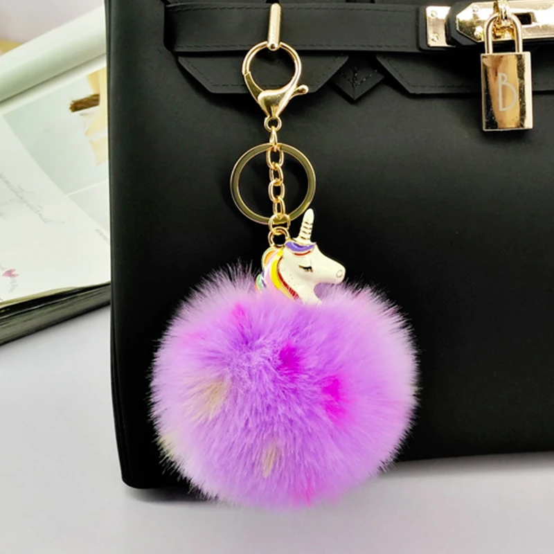 

Colorful Puffy Ball Cute Unicorn Key Chain Handmade Bags Key Ring Pendant Jewelry Ornament Fluffy Pom Pom Gift Keychain
