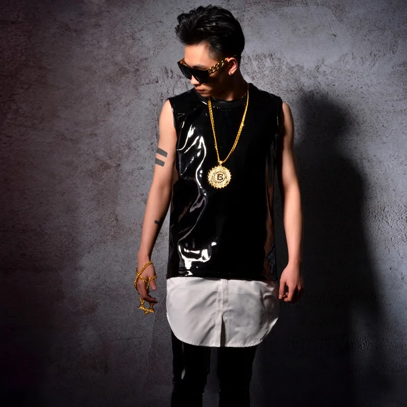 

Мужской жилет на бретелях из лакированной кожи, 2 шт., модные повседневные футболки без рукавов в стиле хип-хоп, костюмы для сцены