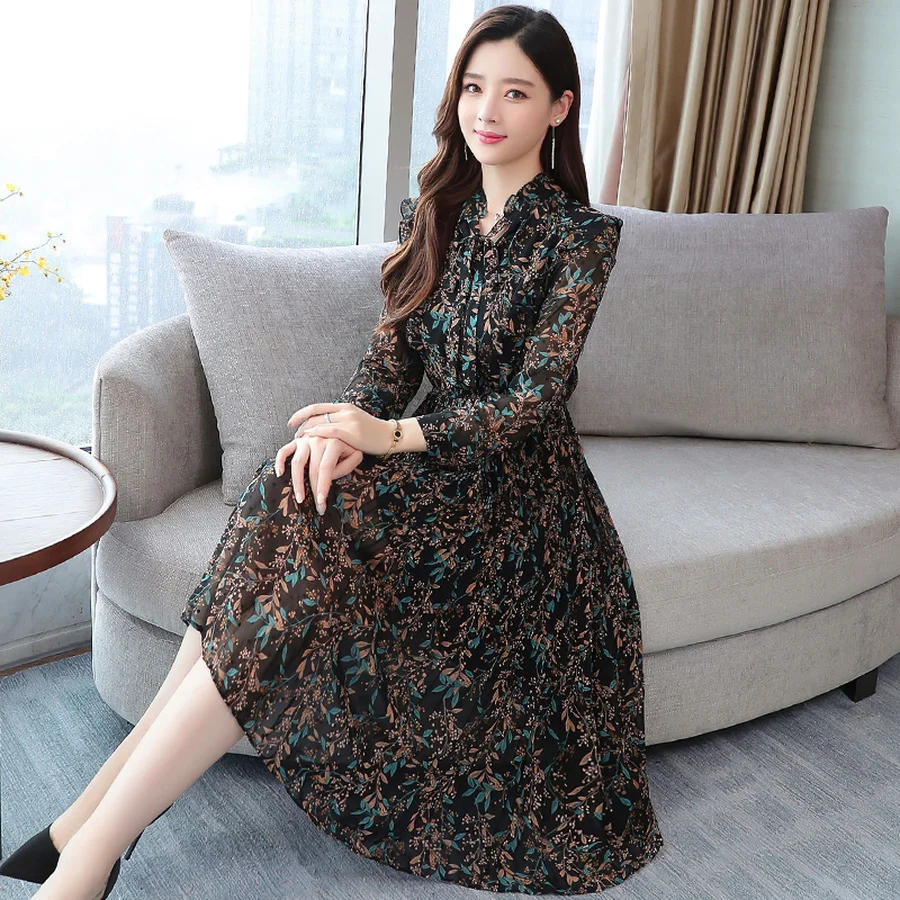 Цветочные шифоновые миди платья осень зима принт с длинным рукавом платье 2019
