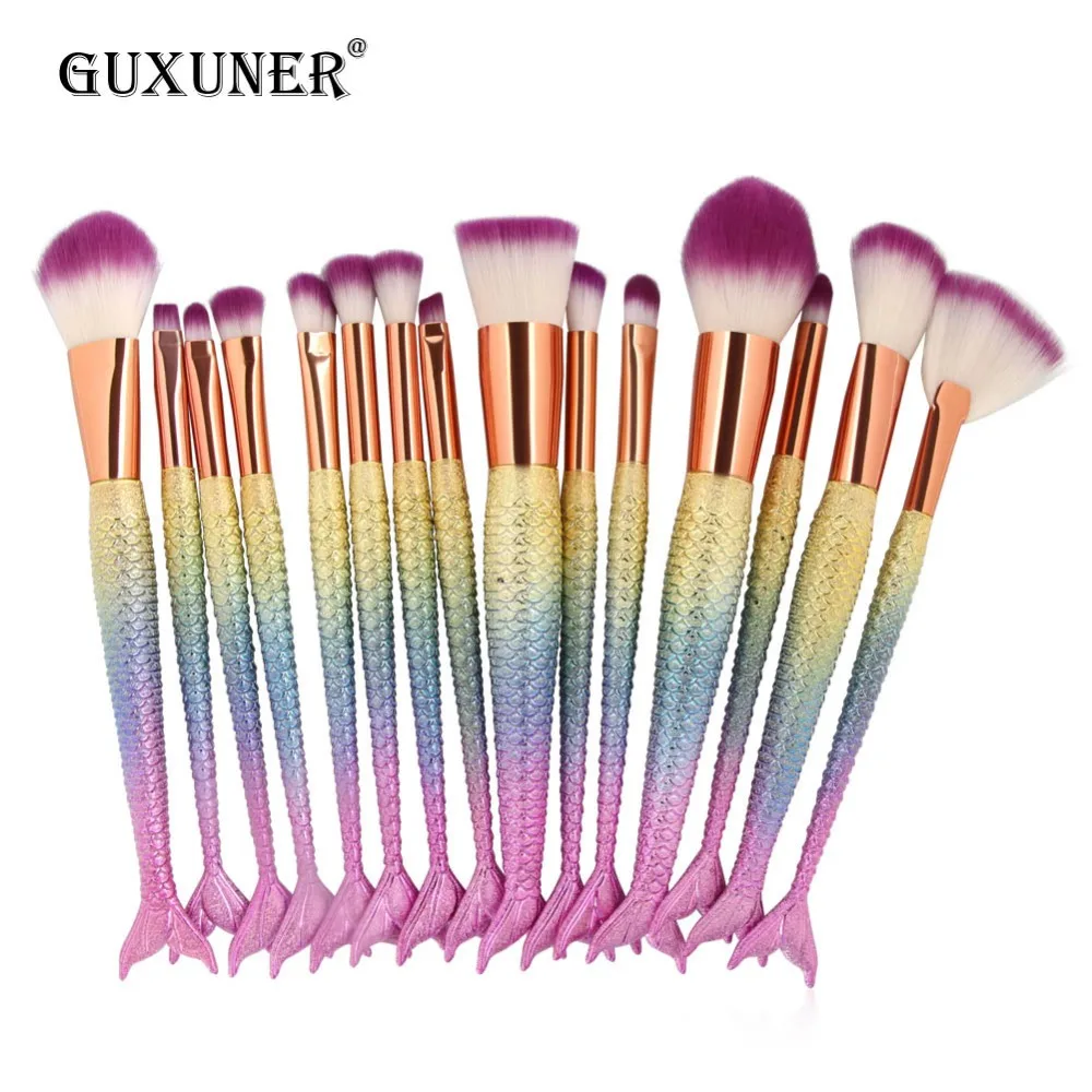 16PCS Big Mermaid Makeup Brushes Set Foundation Blending Powder Eyeshadow Blush Cosmetics Magic Fish Make Up Tools Woman Gift | Красота и