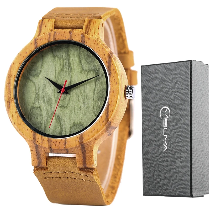 

Wooden Watches and Clock Man Natural Bamboo Wood Case Genuine Leather Minimalist Men's Wrist Watch Sports Hours Clock + Gift Box