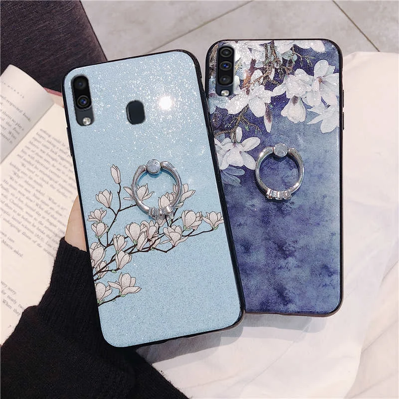 Glitter Flower Holder Case for Samsung Galaxy Note 8 9 A2 Core A6 A7 A8 A9 Plus Star 2018 A6S A8S Finger Ring Wristband Strap On.