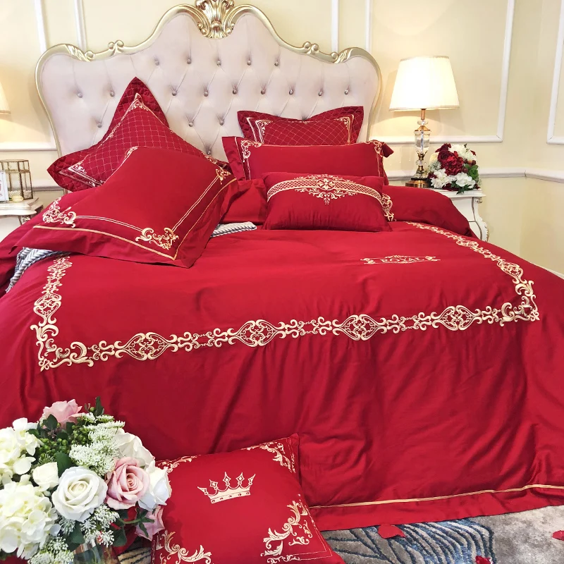 

Luxury White Golden 100S Egyptian cotton Red Wedding Bedding sets Queen King size Duvet cover Bed sheet set Pillowcase 4/6pcs
