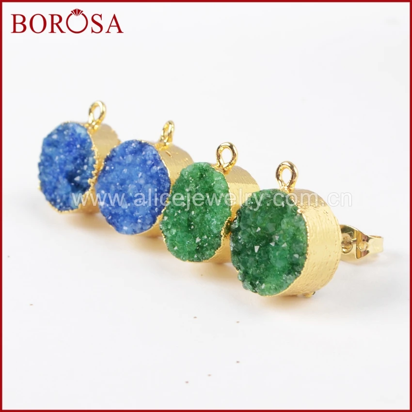 BOROSA серьги Друза золотого цвета 12 мм зеленый и синий круглый кристалл Druzy серьги-гвоздики G1021