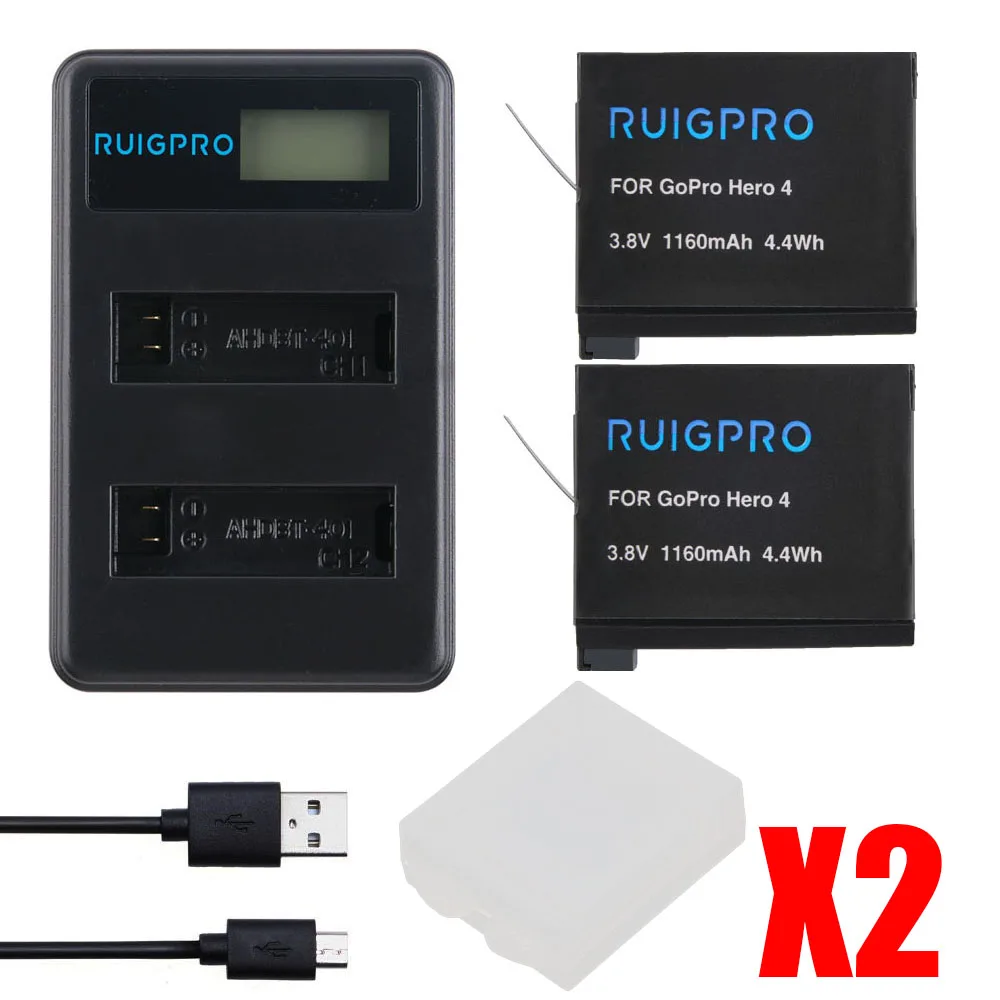 two batteries set 4 шт RuigPro AHDBT-401+ lcd USB двойное зарядное устройство для Gopro Hero 4 батареи Go Pro Hero4 bateria AHDBT401 аксессуары для экшн-камеры - Цвет: two batteries set
