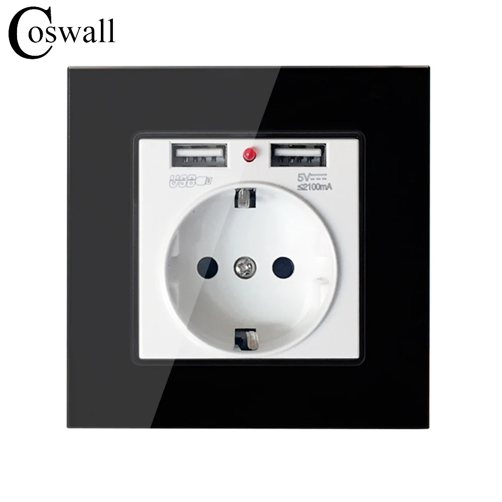 Coswall Хрустальная стеклянная панель с двойным usb портом для зарядки 2.1A настенное